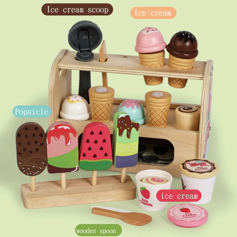 Ice Cream Cart Toy Set - Includes Ice Cream Cones Ice Cream Scoop And Toppings - Perfect Gift For Pretend Play Party Games