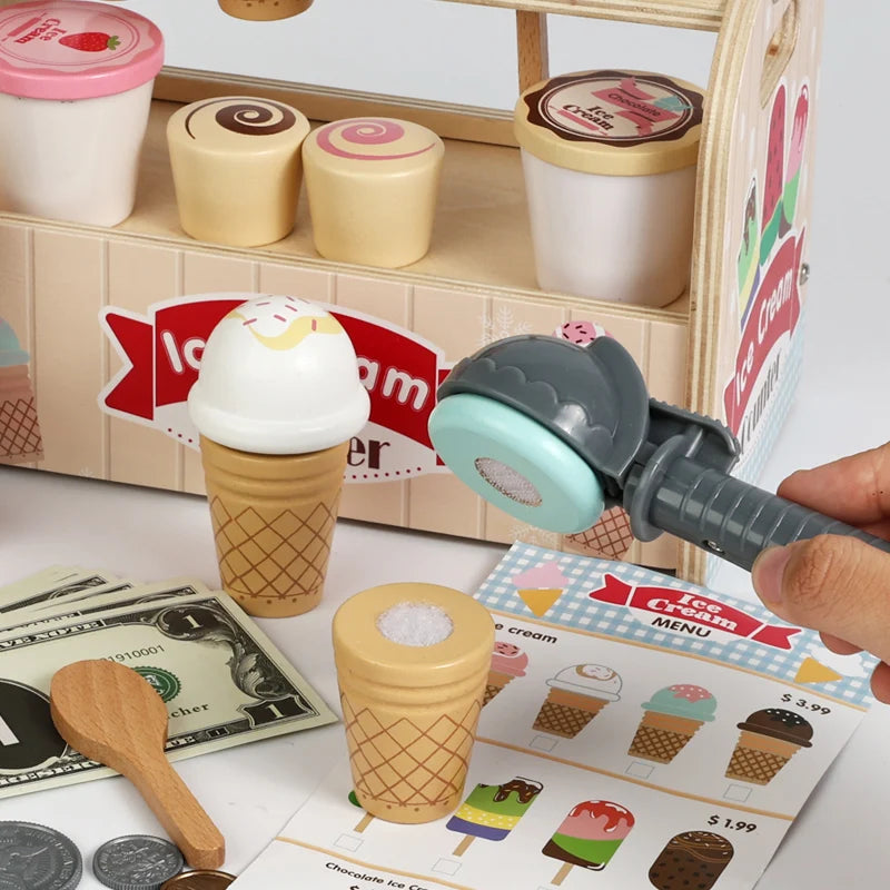 Ice Cream Cart Toy Set - Includes Ice Cream Cones Ice Cream Scoop And Toppings - Perfect Gift For Pretend Play Party Games