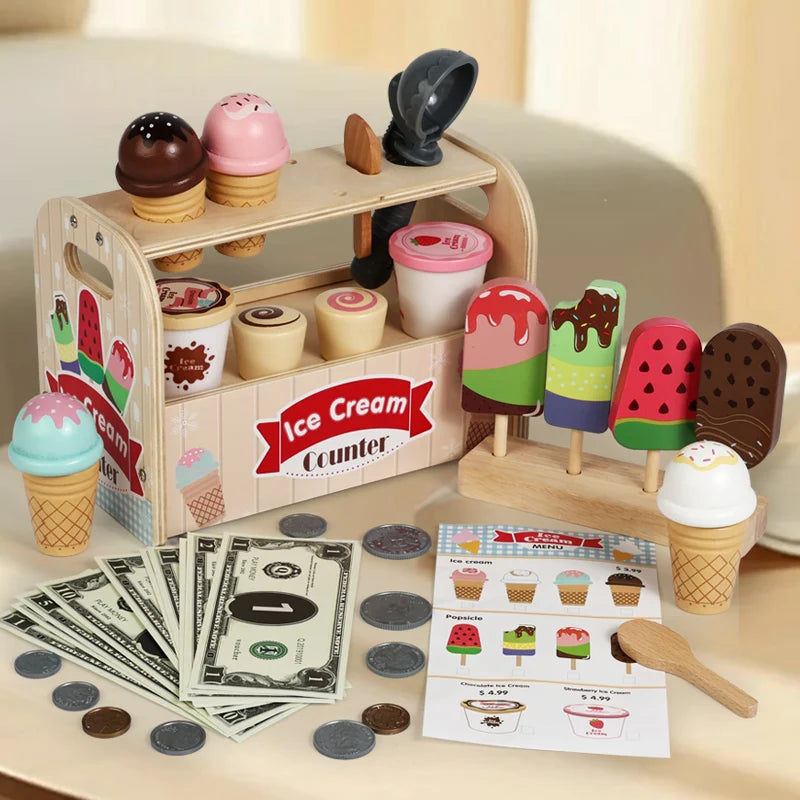 Ice Cream Cart Toy Set - Includes Ice Cream Cones Ice Cream Scoop And Toppings - Perfect Gift For Pretend Play Party Games