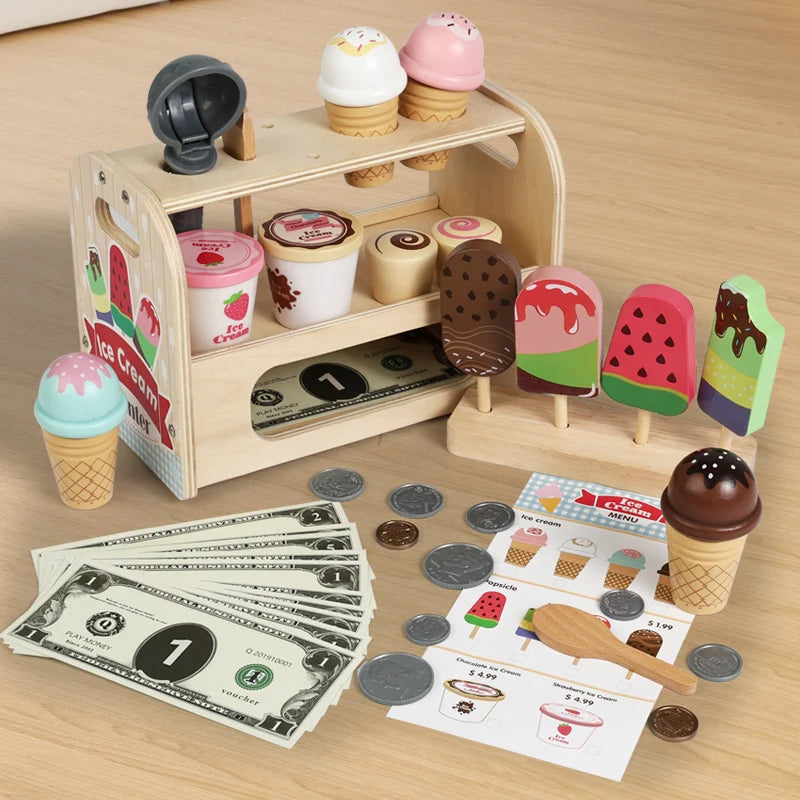 Ice Cream Cart Toy Set - Includes Ice Cream Cones Ice Cream Scoop And Toppings - Perfect Gift For Pretend Play Party Games