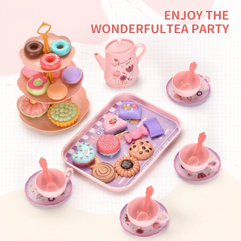 Tea Party Set for Little Girls Flower Tea Set Toys for Toddler Kids Kitchen Pretend Play Toys with Dessert Cake Christmas Gifts