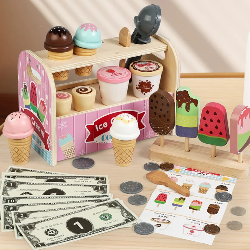 Ice Cream Cart Toy Set - Includes Ice Cream Cones Ice Cream Scoop And Toppings - Perfect Gift For Pretend Play Party Games