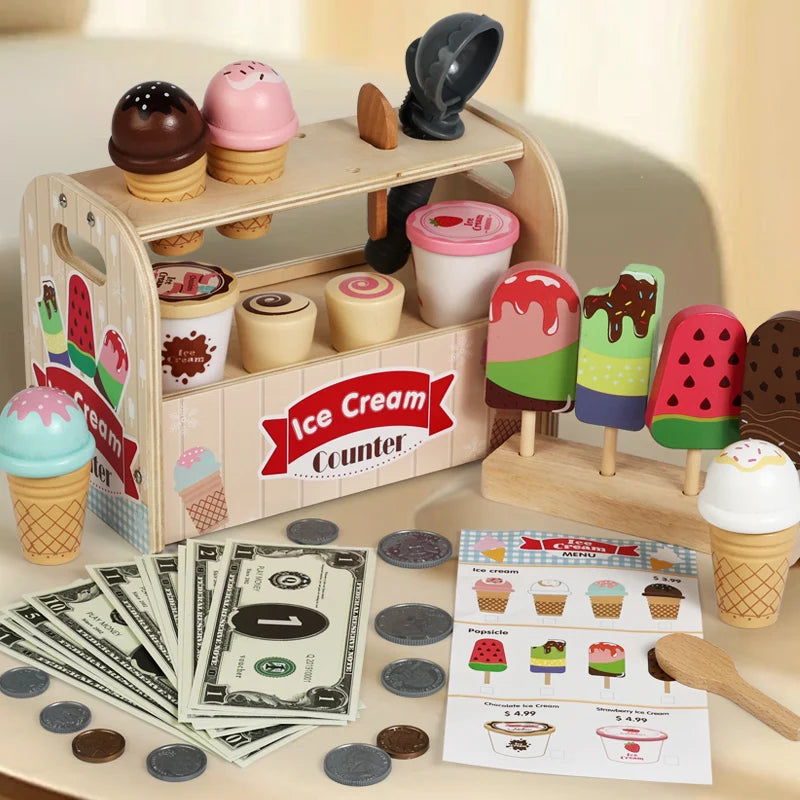 Ice Cream Cart Toy Set - Includes Ice Cream Cones Ice Cream Scoop And Toppings - Perfect Gift For Pretend Play Party Games