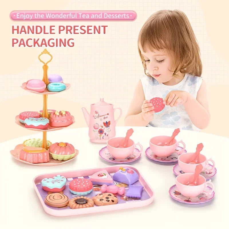 Tea Party Set for Little Girls Flower Tea Set Toys for Toddler Kids Kitchen Pretend Play Toys with Dessert Cake Christmas Gifts