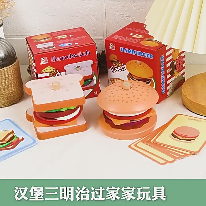 Wooden Burger Sandwich Stacking Toys For Toddler Kids Preschool Learning Educational Toys Pretend Play Food Kitchen Toys Gifts