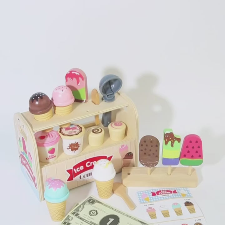 Ice Cream Cart Toy Set - Includes Ice Cream Cones Ice Cream Scoop And Toppings - Perfect Gift For Pretend Play Party Games